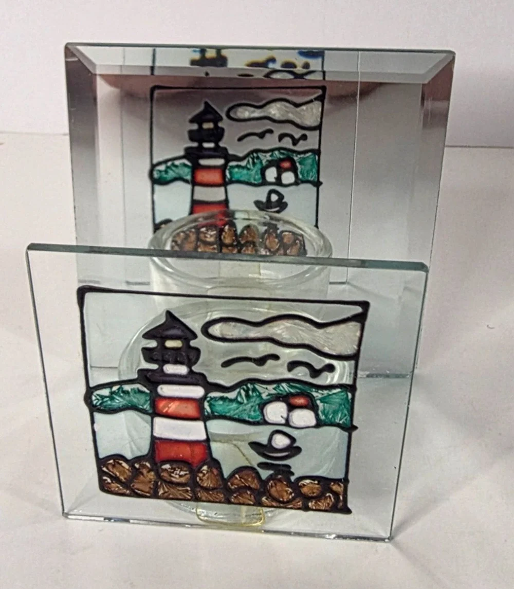 Lighthouse Stained Glass Votive Tea Light Candle Holder Mirror Nautical Decor
